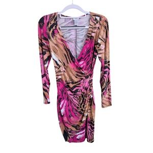 Y2K Cache Womens Pink Animal Print Ruched Long Sleeve Dress Small
